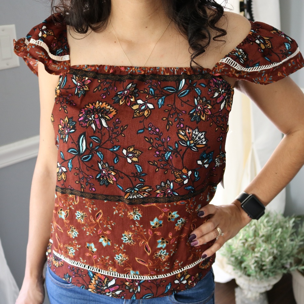Lily White (Brown flower print eyelet top)